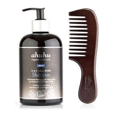 ahuhu organic hair care Men 3 in 1 All Over Shampoo 500ml & Holzkamm