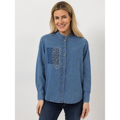 Thumbnail - DINE 'N' DANCE Jeansbluse Knopfleiste Strassdekoration leger weit