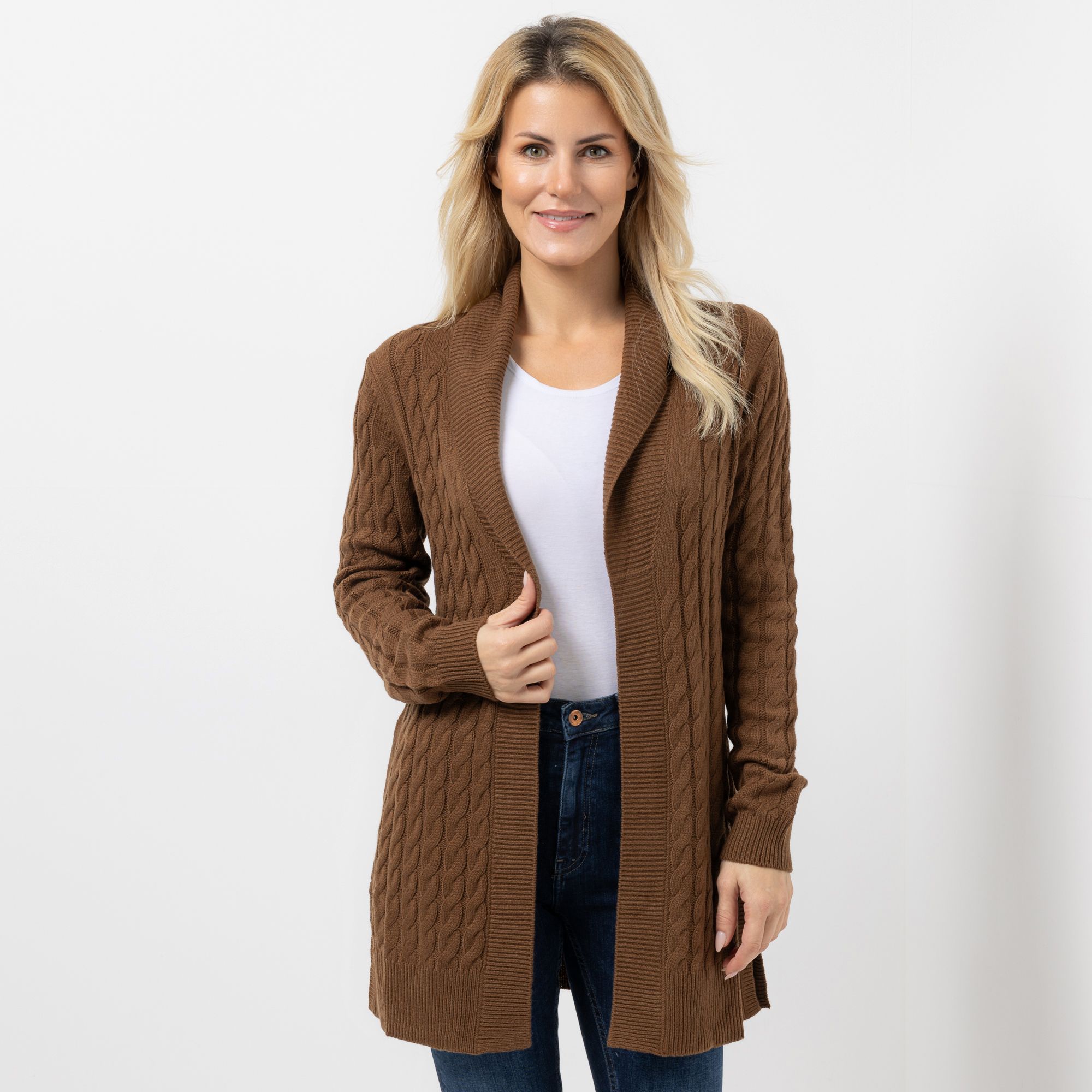 EVA LUTZ Longcardigan offene Front Zopfmuster figurumspielend