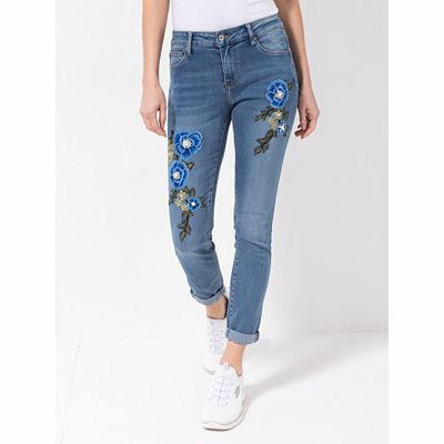 DINE 'N' DANCE Jeanshose 5-Pocket-Style Blumenspitze schmales Bein