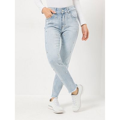 DINE 'N' DANCE Jeanshose 5-Pocket-Style Perlendekoration schmales Bein