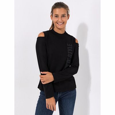 DINE 'N' DANCE Pullover, 1/1-Arm Cut-Out-Detail Schriftzug figurbetont