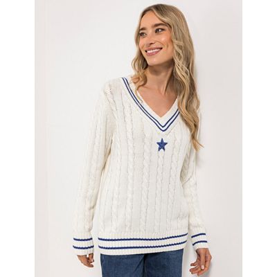 Thumbnail - STRANDFEIN Pullover V-Ausschnitt Pailletten-Stern Zopfstrick