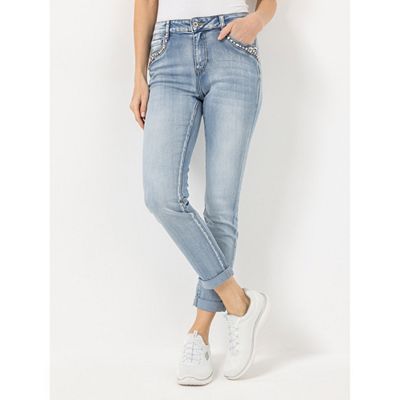 DINE 'N' DANCE Jeanshose Salsa Strassstein-Details Umschlag am Saum schmales Bein