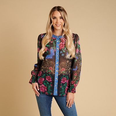 Thumbnail - SCHIFFHAUER MUNICH® Bluse, Seitenschlitz Rundhalsausschnitt Strasssteinbesatz leger weit