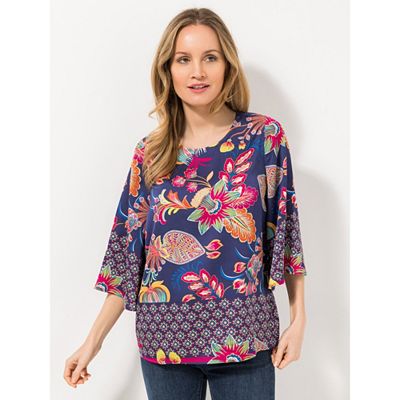 Thumbnail - ANNI FOR FRIENDS Bluse, 3/4-Arm Rundhalsausschnitt Allover-Druck leger weit