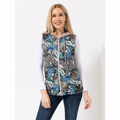 DINE 'N' DANCE Weste mit Kapuze bedruckte Front Materialmix figurumspielend