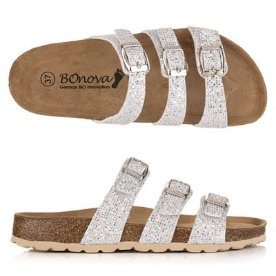 BONOVA Damen-Pantolette Glitzer-Brokat 3 verstellbare Riemen Super-Soft-Fußbett
