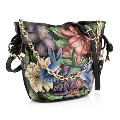 Thumbnail - ANUSCHKA® Schultertasche echt Leder Handyfach handbemalt