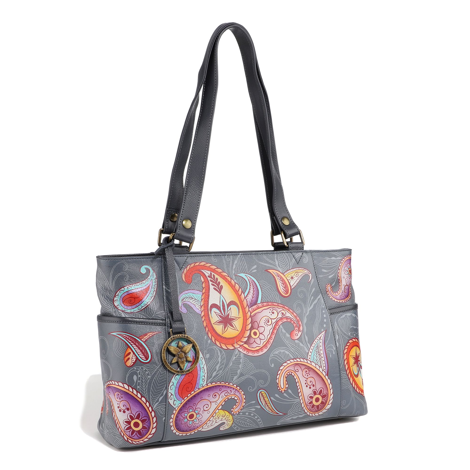 ANUSCHKA Schultertasche echt Leder 2 Hauptfächer handbemalt QVC.de