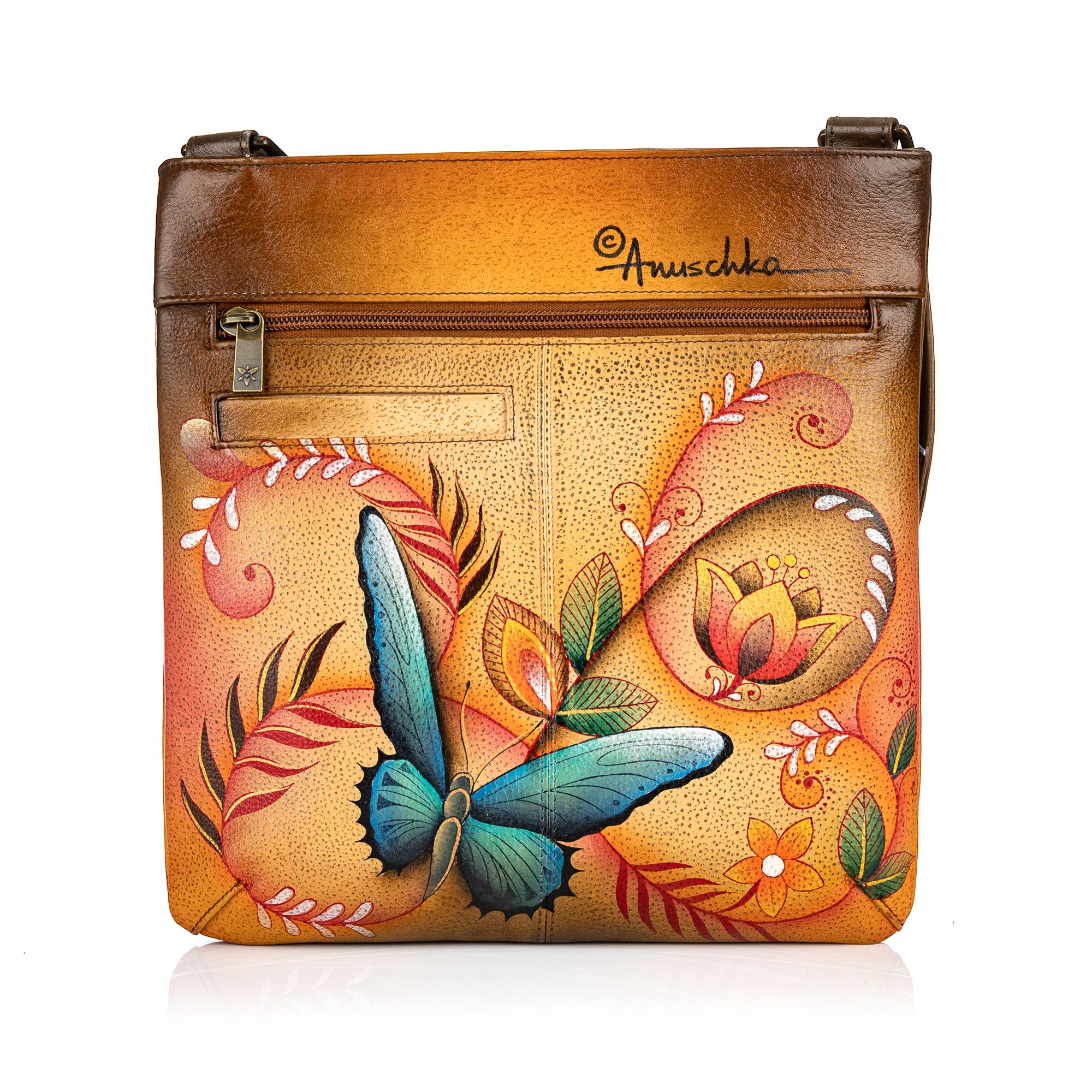 ANUSCHKA® Umhängetasche echt Leder Sicherheitsfach handbemalt QVC.de