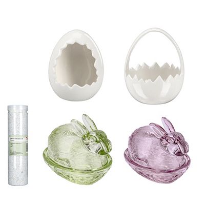 KARIN JITTENMEIER Dekorations-Set Glas Hasen & Streu Granulat 5tlg.