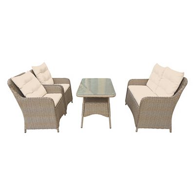GREEN LOUNGE Dining Lounge Set 4tlg. inkl. Auflagen Polyrattan Sicherheitsglas