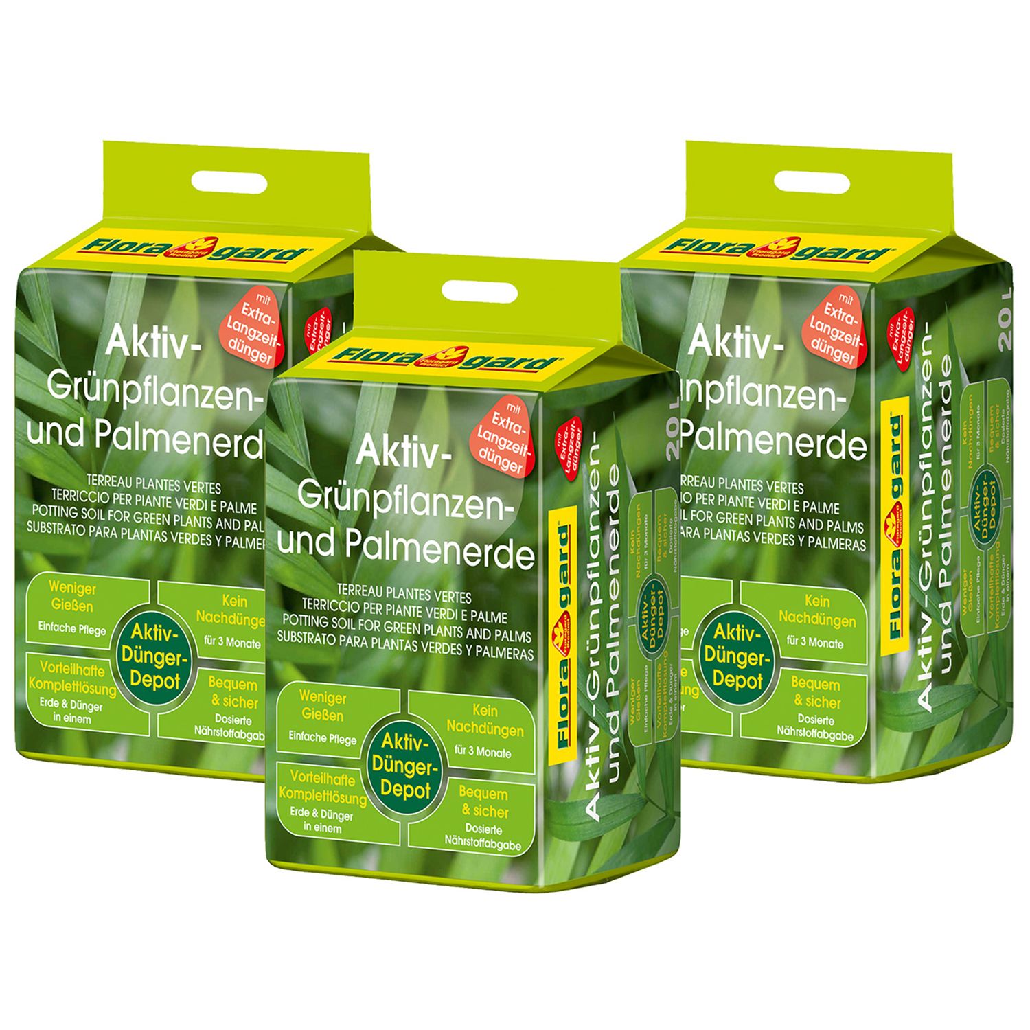 FLORAGARD® Aktiv-Grünpflanzen- & Palmenerde mit Langzeitdünger 3x 20 Liter