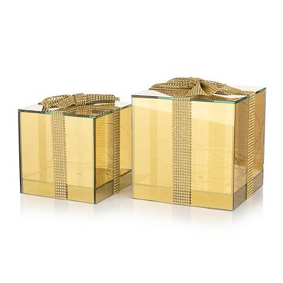 LUMIDA Xmas 2 Deko-Geschenke mit Strass-Schleife Spiegel-Glas Höhe 15cm & 18cm