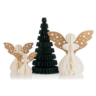 ABELLA Xmas Honeycomb Dekoset 3 Engel mit Goldrand & 1 Tannenbaum Höhe 19cm-50cm