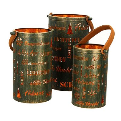 WURM 3 Laternen Metall mit Cut-Outs festliche Schriftzüge Höhe 26, 30 & 36cm