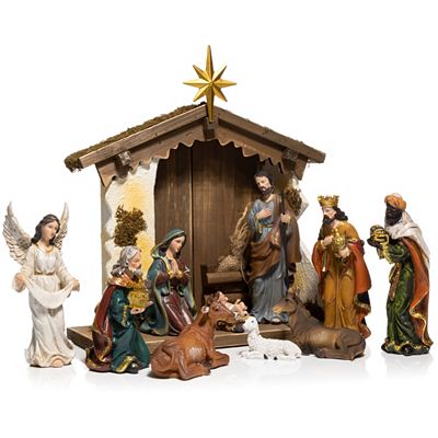 LUMIDA Xmas Weihnachts-Krippe Holz & Polyresin inkl. Beleuchtung 11tlg., 36x16x38cm