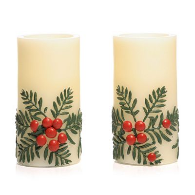 Thumbnail - ELAMBIA 2 LED-Kerzen Ilex-Zweig Flamme Luma, Timer Ø 7,5cm, Höhe 15cm