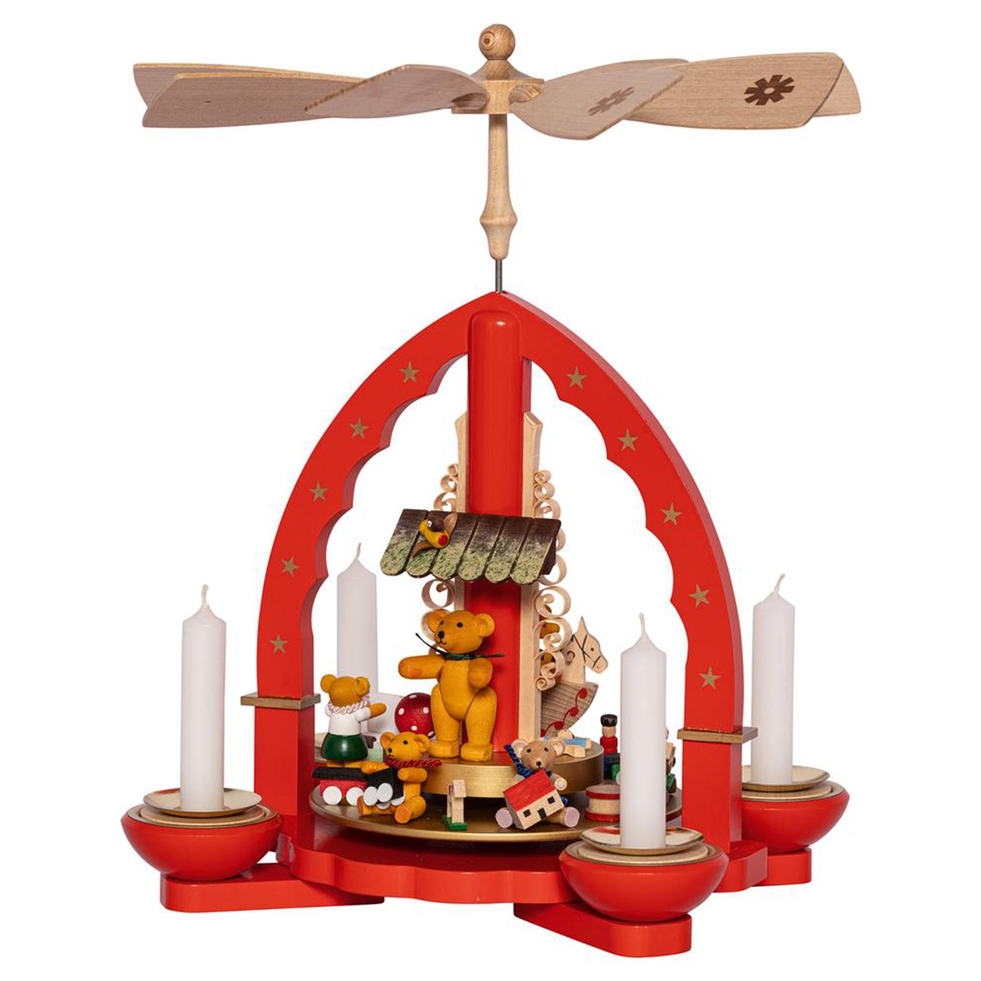 GLÄSSER SEIFFEN Pyramide bunt spielende Bärenkinder inkl. 4 Teelichte & 4 Kerzen, Höhe 27cm