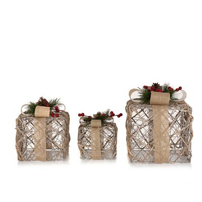 LUMIDA Xmas 3 LED-Geschenke Rattan-Geflecht 6h-Timerfunktion H. 20, 26,5 & 31,5cm