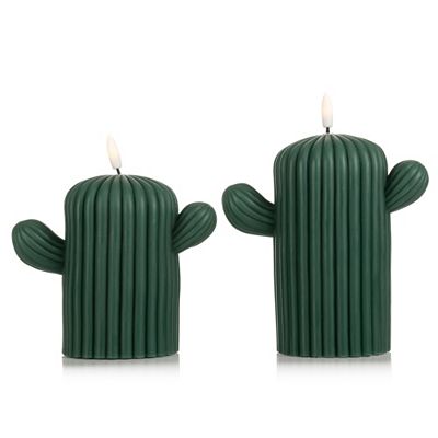 ELAMBIA 2 LED-Figurenkerzen Kakteen Flamme Luma, Timer Höhe 15cm & 17,5cm