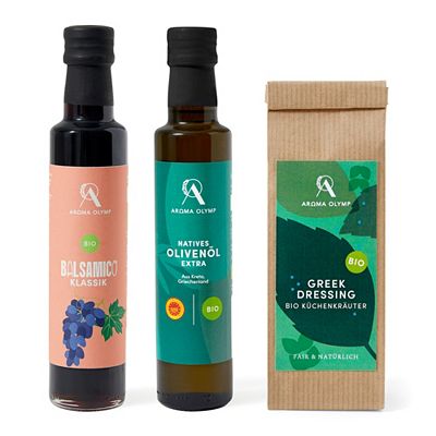 Thumbnail - AROMA OLYMP Bio Salatdressing Set inkl. Öl, Balsamico und Gewürzmischung Inhalt 500ml + 15g