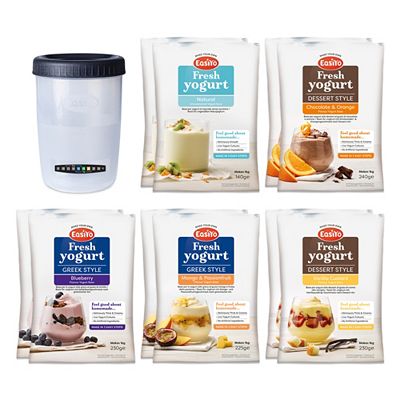 EASIYO Joghurtpulver 10 Beutel für 10kg Joghurt, 5 Sorten inkl. Joghurtbehälter