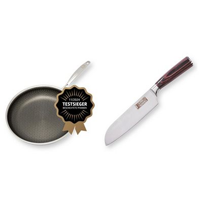 HENSSLERS Edelstahlpfanne Ø 28cm, Wabenstruktur inkl. Santokumesser 17cm Klinge