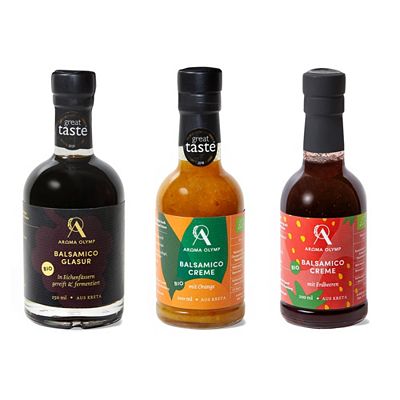 Thumbnail - AROMA OLYMP Kennenlern-Set Bio Balsamico Cremes aus Kreta, 3 Flaschen Inhalt 650ml