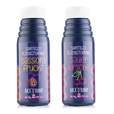 BACK'O'FUNNY Flüssigtopping zum Dekorieren & Veredeln von Desserts Inhalt 2x 225ml