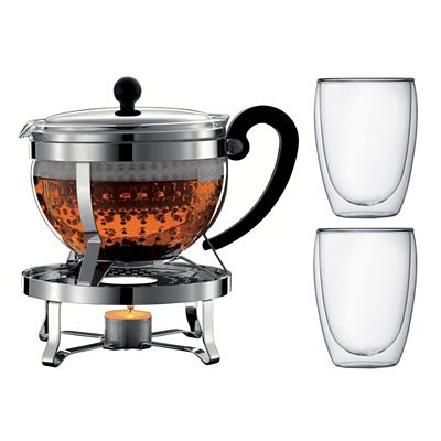 BODUM® Teebereiter für 1,3l mit Plastikfilter, Rechaud & 2x 0,35l Doppelwand-Gläser