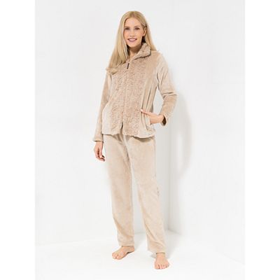 MONT CHALET Damen-Hausanzug uni mit Fellbesatz Mikrofaser Chinchilla Stehkragen, 2tlg.