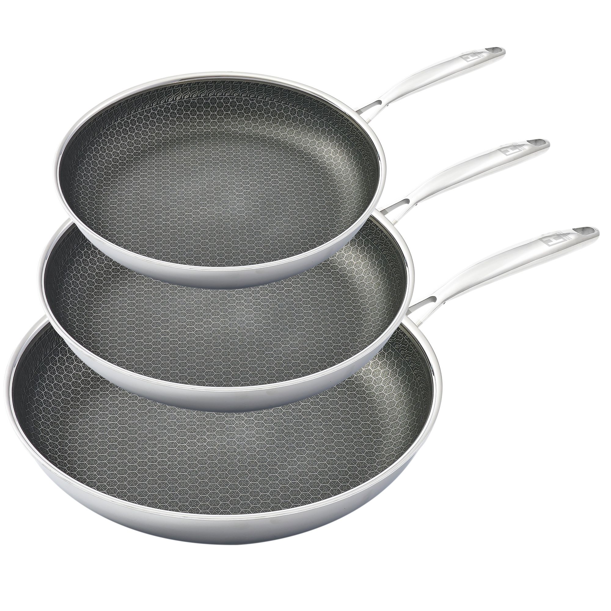 HENSSLERS 3tlg. Edelstahl- Bratpfannen-Set Ø 20, 24, 28cm Wabenstruktur