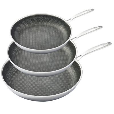 HENSSLERS 3tlg. Edelstahl- Bratpfannen-Set Ø 20, 24, 28cm Wabenstruktur