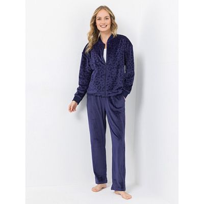 MONT CHALET Damen-Hausanzug, 2tlg Jacke mit Leo-Prägung Hose uni Mikrofaser Samtfell