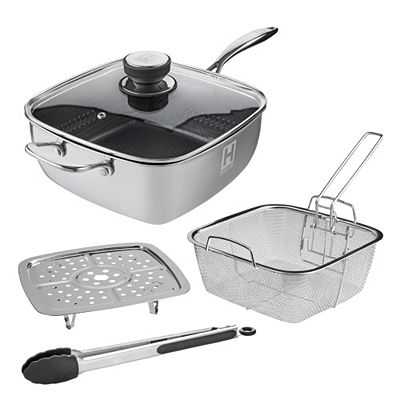 HENSSLERS Viereckpfanne 26cm mit Wabenstruktur inkl. Deckel, Zange und zwei Einsätzen