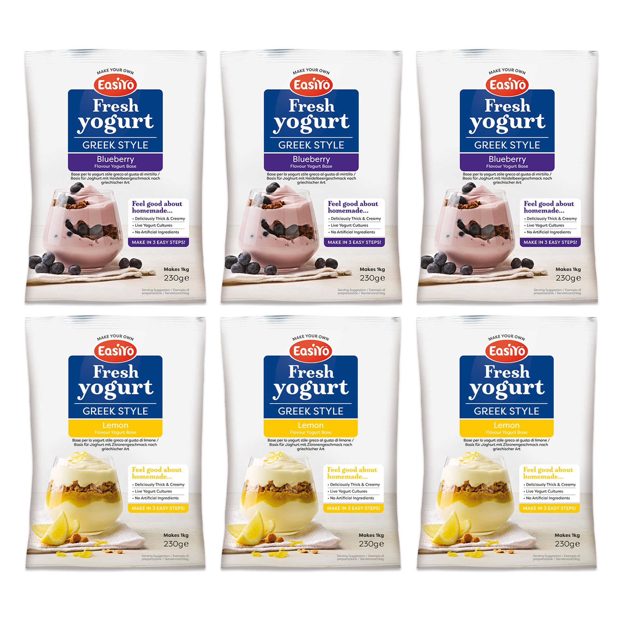 EASIYO Joghurtpulver 6 Beutel für 6kg Joghurt griech. Art Blaubeere und Zitrone