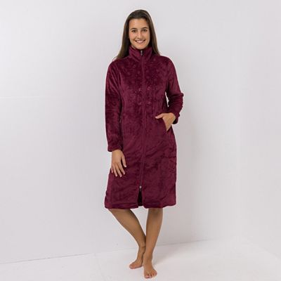 MONT CHALET Damen-Hauskleid uni Strasssteine Mikrofaser Chinchilla Stehkragen