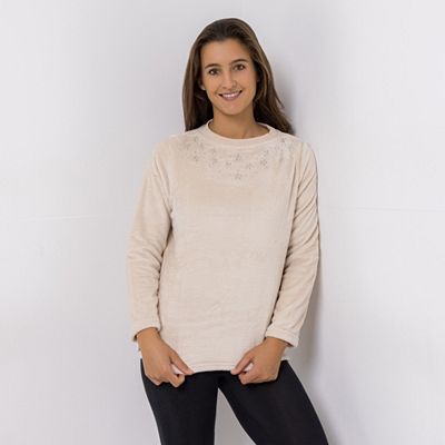 Thumbnail - MONT CHALET Damen-Pullover uni Strasssteine Mikrofaser Chinchilla Rundhalsausschnitt