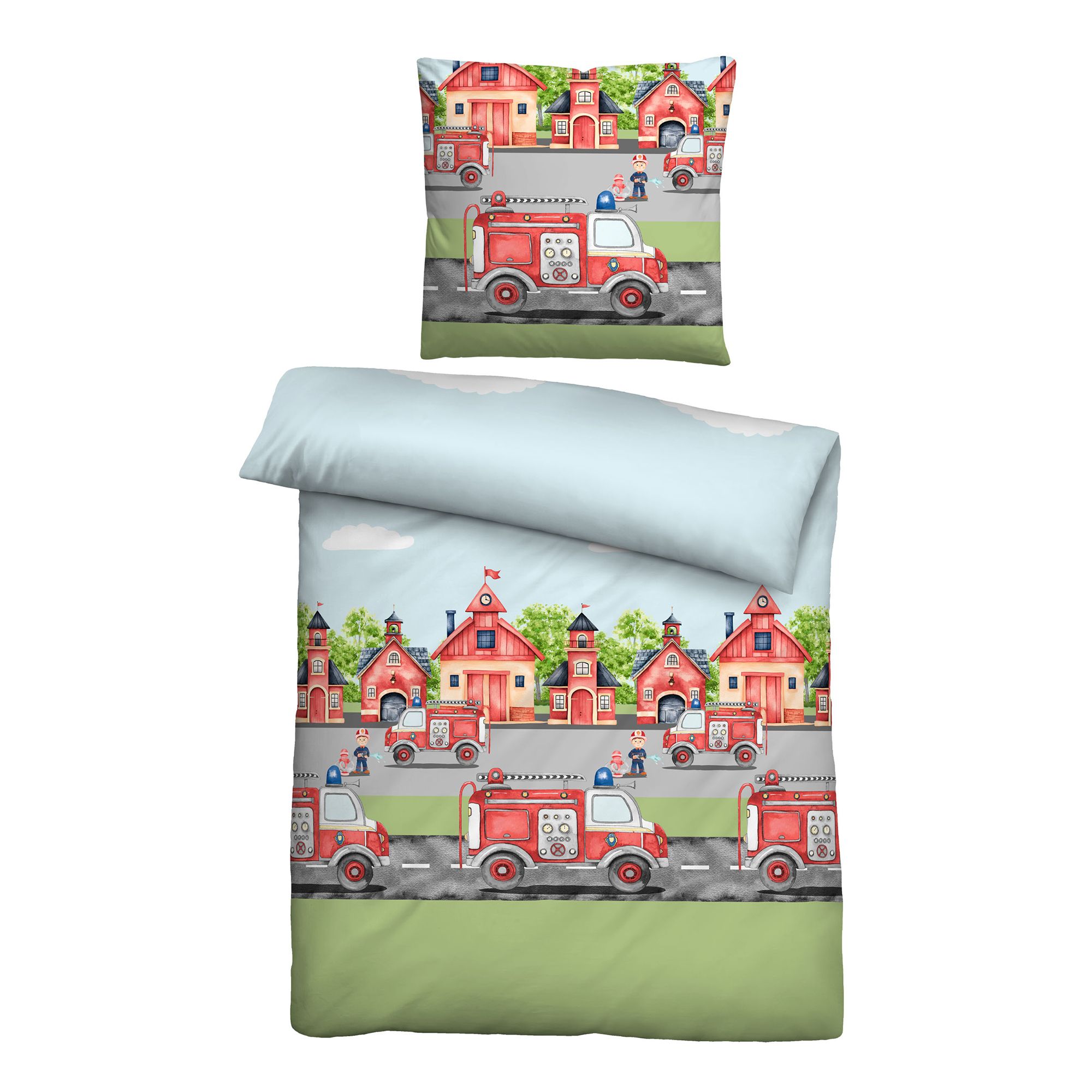 biberna® Kinderbettwäsche Feuerwehr Baumwoll Feinbiber Einzelbett, 2tlg.