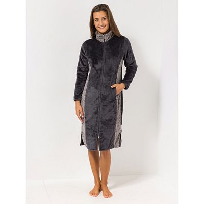 MONT CHALET Damen-Hauskleid bedruckte Einsätze Mikrofaser Chinchilla Stehkragen