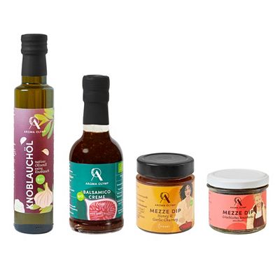 Thumbnail - AROMA OLYMP Set mit Bio Olivenöl, Bio Dip Bio Balsamico Creme und Dip Bruschetta Inhalt 480 ml, 280 g