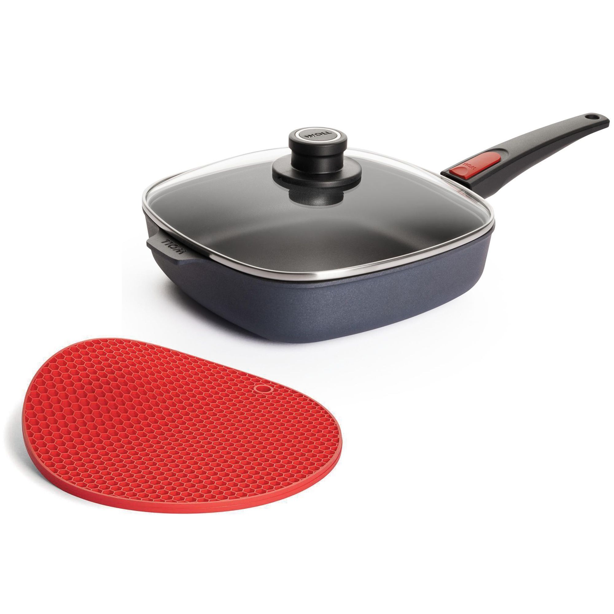 WOLL® Diamond Lite 24x24cm Viereckpfanne mit Deckel und Silikonuntersetzer