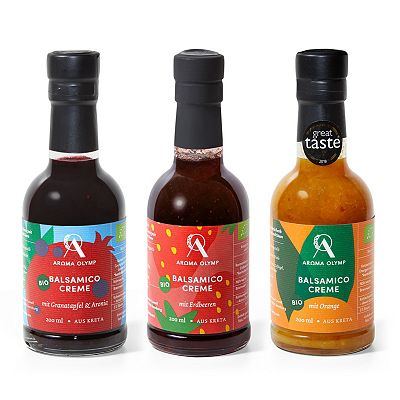 Thumbnail - AROMA OLYMP Bio Balsamico Set 3 fruchtige Sorten auf Kreta hergestellt Inhalt 3x 200ml