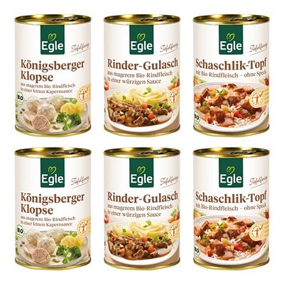 Thumbnail - EGLE Bio Fertiggerichte Set 3 Sorten, 6 Dosen exklusiv bei QVC Inhalt 2.400g