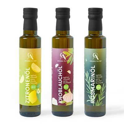 AROMA OLYMP Bio natives Olivenöl 3 versch. Extrakte exklusiv bei QVC Inhalt 3x 250ml