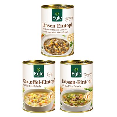 Thumbnail - EGLE 3 versch. Eintöpfe Bio, tafelfertig exklusiv bei QVC Inhalt 1.200g