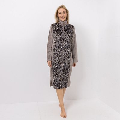 MONT CHALET Damen-Hauskleid Animaldrucke Mikrofaser Chinchilla Stehkragen