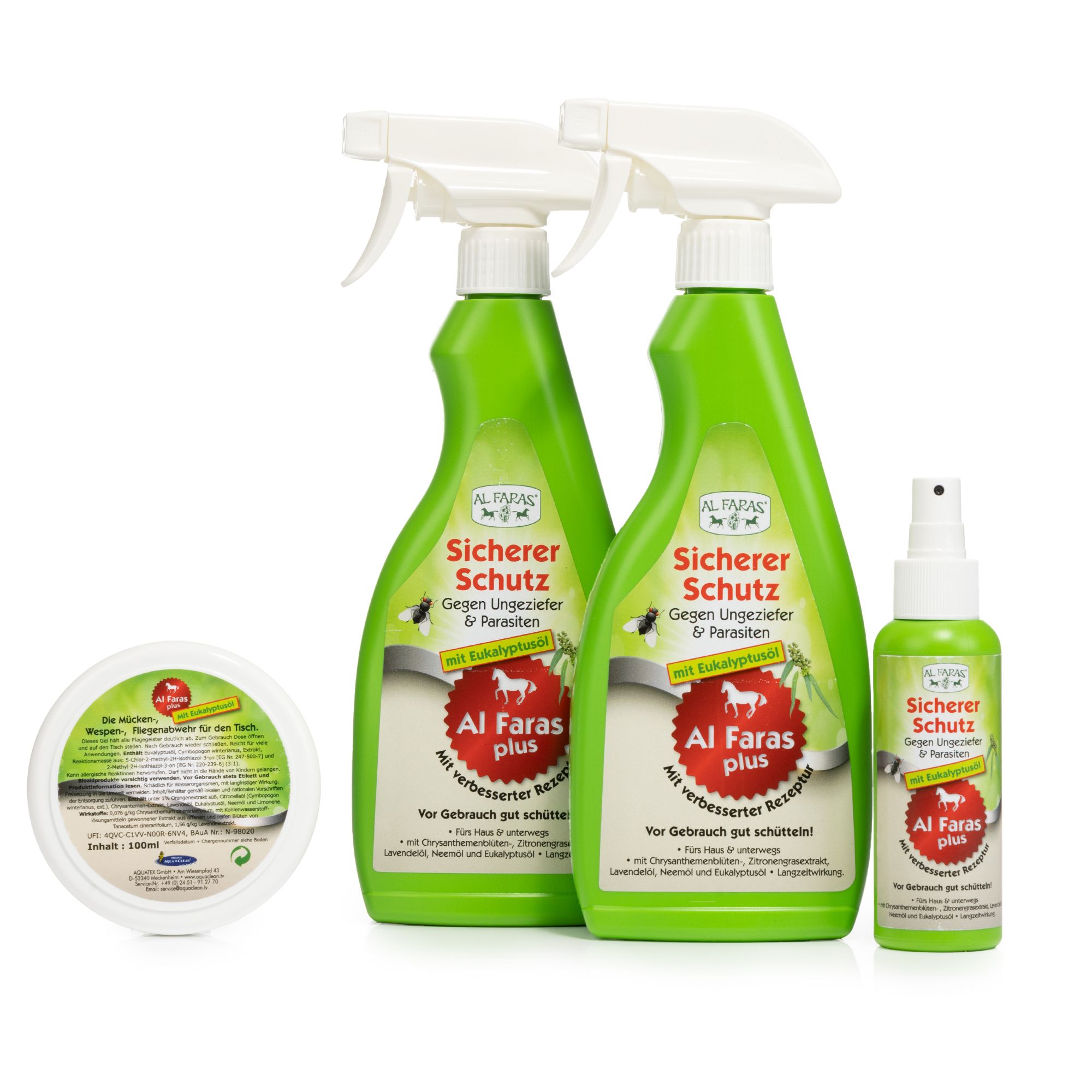 AL FARAS Insektenschutz mit Eukalyptus-Öl 2x 500ml, 1x 100ml & 1x 100ml Tiegel